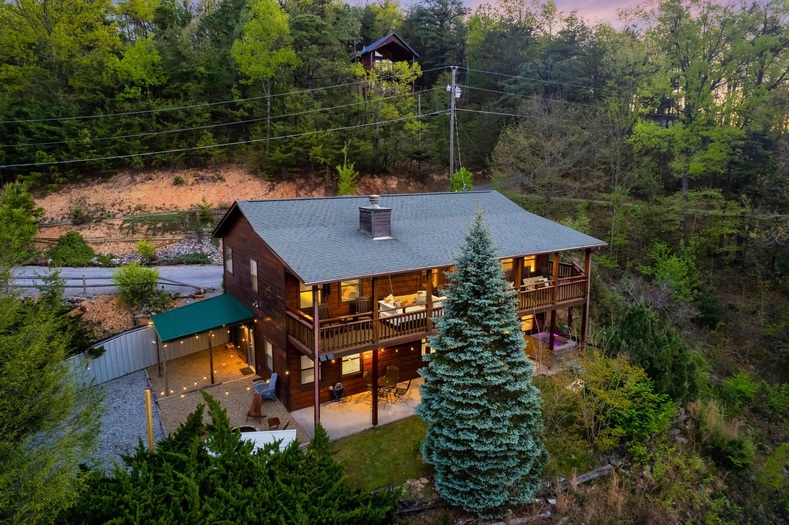Aerial view of the cabin with our proud pine tree