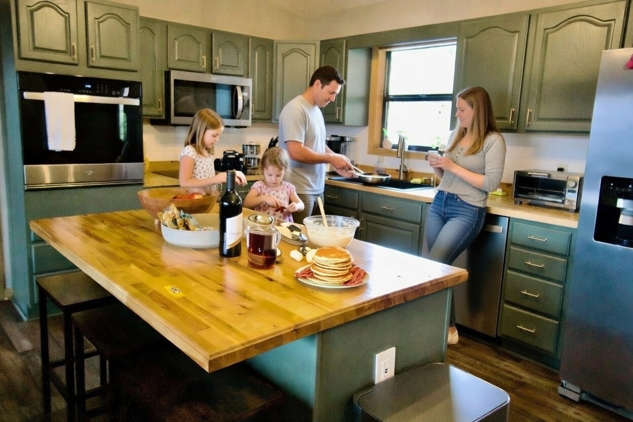 Family making pancakes in the fully equipped kitchen at Smoky Mountains Lodge cabin rental