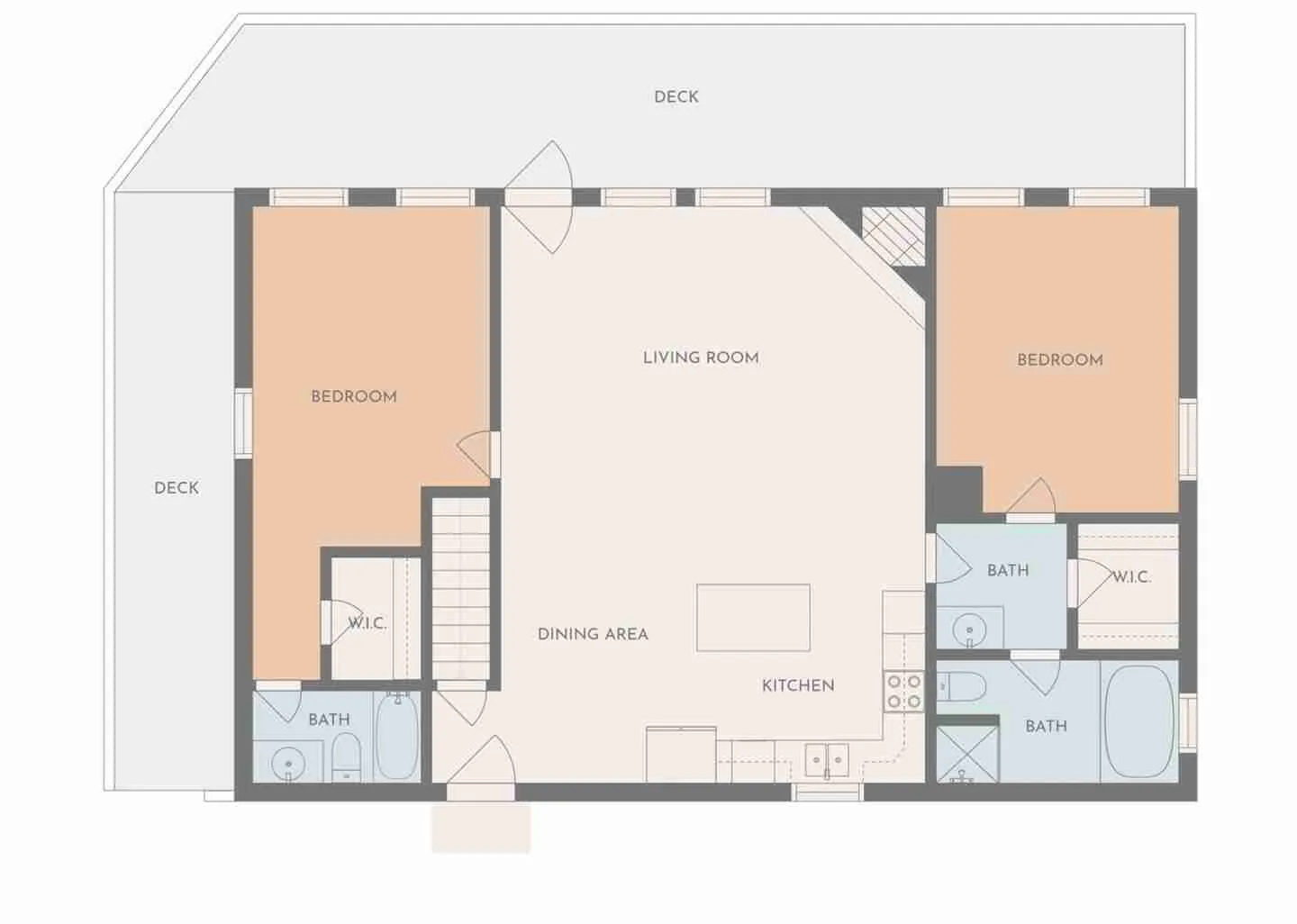 Upper level floor plan layout of Smoky Mountains Lodge cabin - 2 king bedrooms